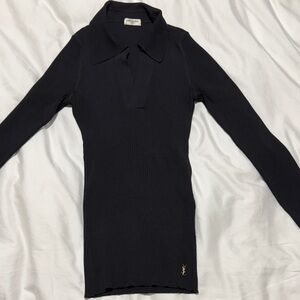 Saint Laurent Black Ribbed Collared Long-Sleeve Knit Top with Gold YSL Logo
